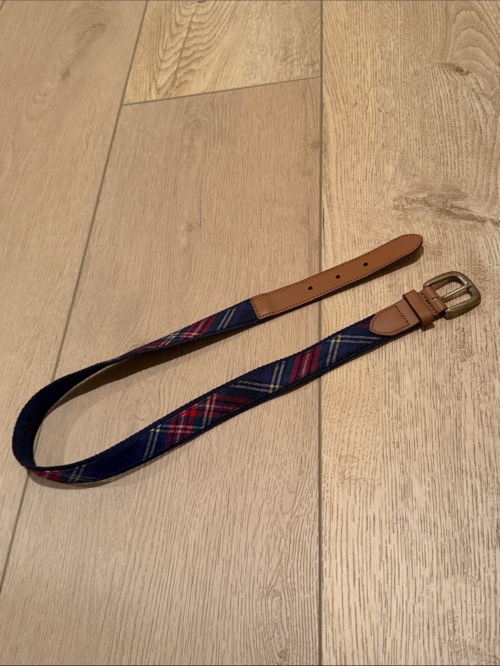 Boys Navy Plaid Fabric Belt with Tan Leather Trim